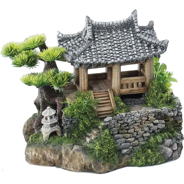 EBI Aqua Della Korean Cottage, Aquarium Dekoration aus ungiftigem Polyesterharz mit synthetischen Pflanzen, für Süß- und Meerwasseraquarien