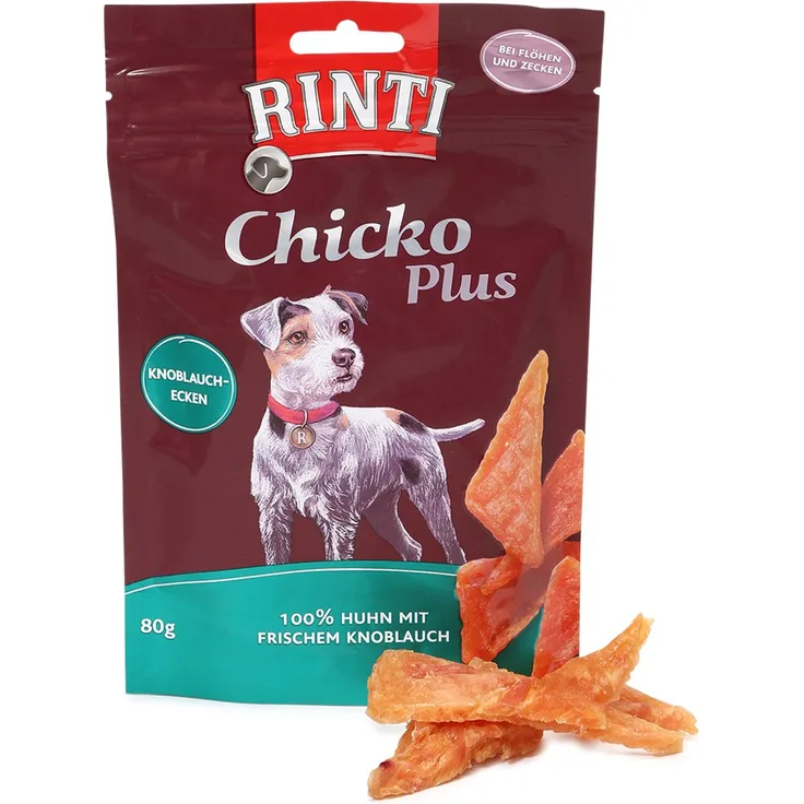 Rinti Extra Chicko Plus Knoblauch-Ecken, Hundesnack mit Hühnchen, 80g, sojafrei
