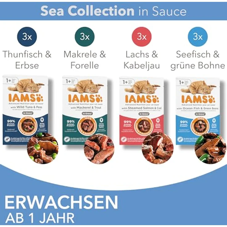 IAMS Delights Sea Collection Katzenfutter Nass, Multipack mit 4 Fischsorten (Lachs, Thunfisch, Makrele, Seefisch) in Sauce, 12 x 85g für Katzen ab 1 Jahr – Bild 4