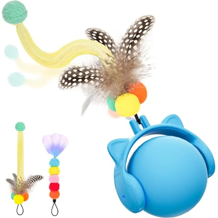 GoldenSun Elektrischer Rollball für Katzen, Bewegungsaktiviertes Spielzeug mit Federschwanz, Zwitschergeräuschen und USB-Wiederaufladung, Blau – Bild 1