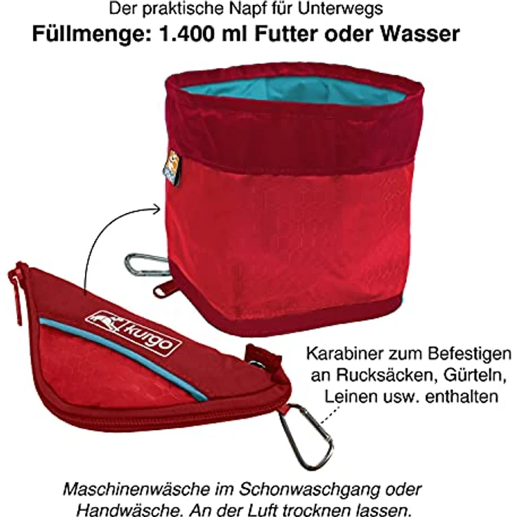Kurgo zusammenklappbarer Futter- und Wassernapf für Hunde, mit Karabinerhaken, 1,4 L Kapazität, blau, PVC- und BPA-frei – Bild 3