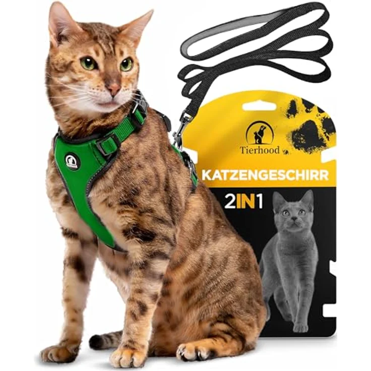 Tierhood Katzengeschirr mit Leine [Neue, LEICHTE Version] - Komfortables Set für Katzen und Kitten, Grün, Größe M, mit 1,4m Leine, sichere Schnallen und reflektierenden Elementen – Bild 1