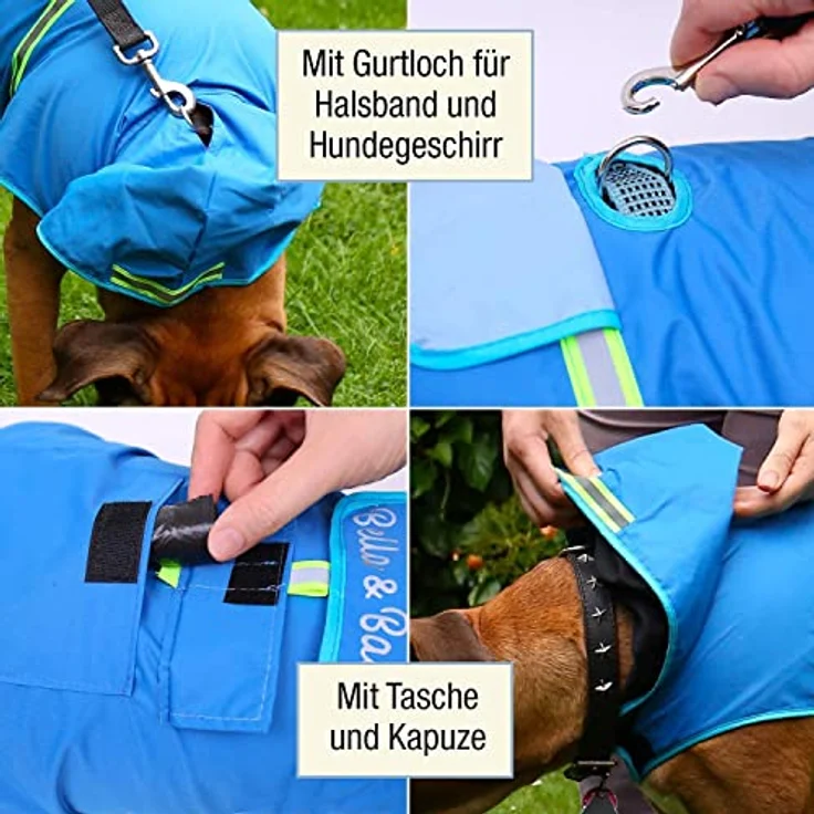 Bella & Balu Hunderegenmantel, Wasserdichter Hundemantel mit Kapuze und Reflektoren für sichere Gassigänge, Größe L, Blau – Bild 3