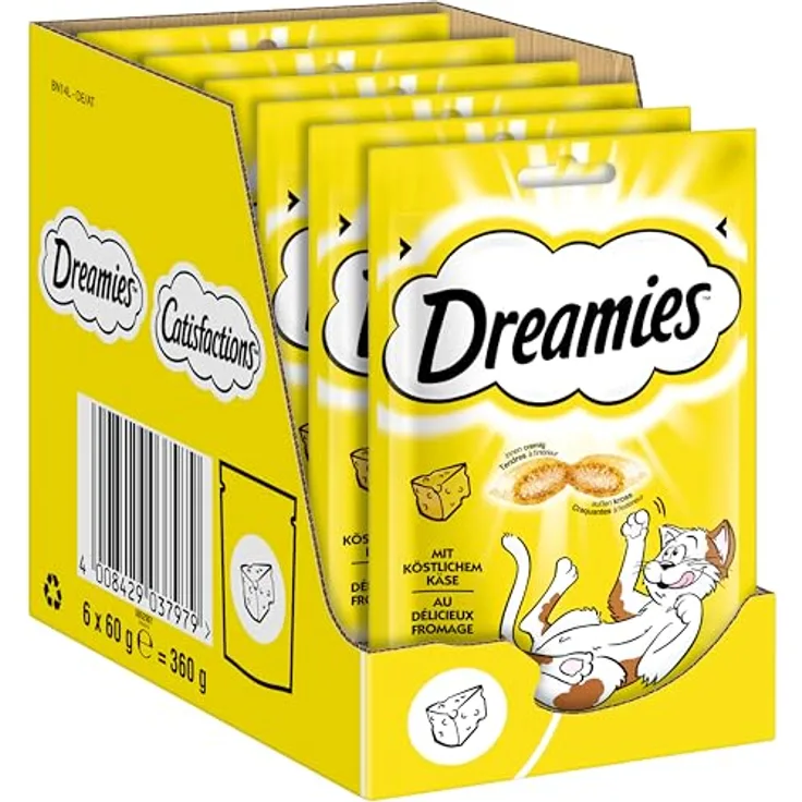 Dreamies Katzensnack mit Käse, 6x60g, ohne künstliche Aromastoffe für Katzen aller Lebensphasen