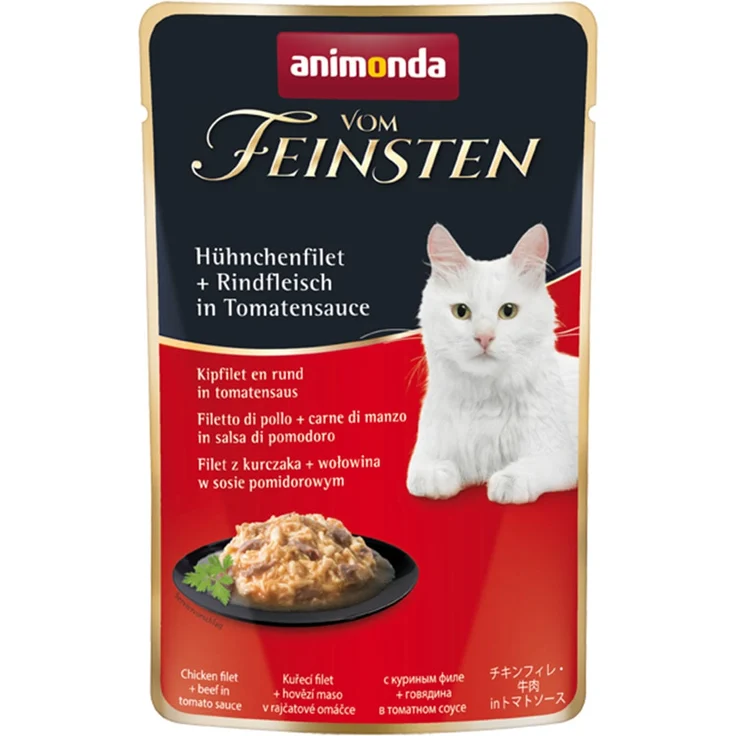 animonda vom Feinsten Hühnchenfilet und Rindfleisch, Proteinreiches Katzen-Nassfutter in Tomatensauce, 18x50g