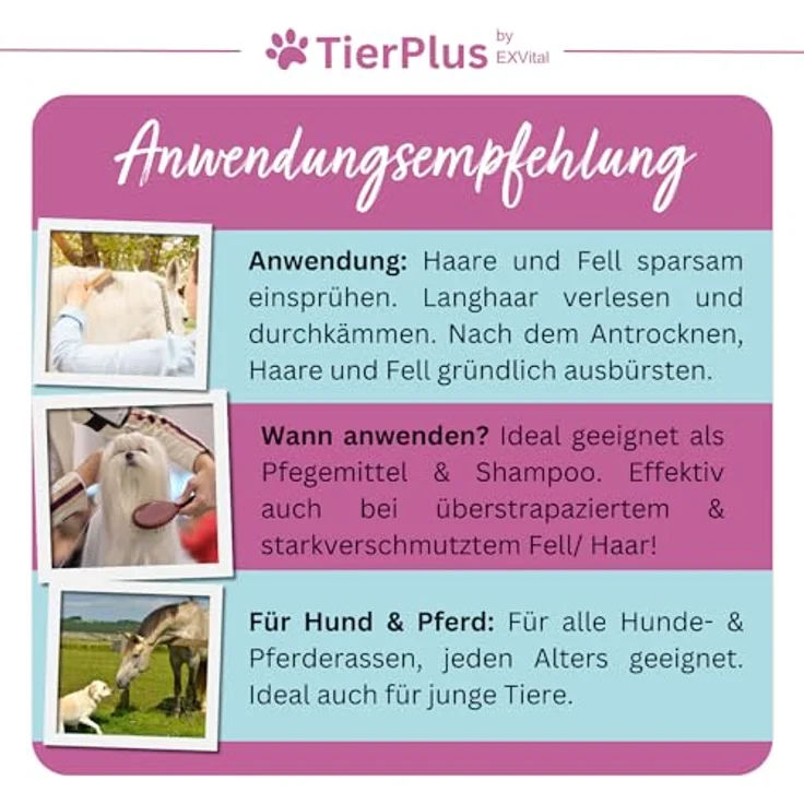 TierPlus Haarpracht Spray für Pferde & Hunde, 500 ml – Fell-, Schweif- & Mähnenspray für seidigen Glanz, leichte Kämmbarkeit & entwirrende Pflege mit Aloe Vera – Bild 4
