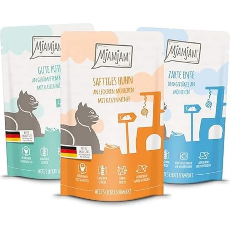 MjAMjAM Premium Nassfutter für Katzen Mixpaket IV, getreidefrei mit 12 x 125g (4 x Huhn, 4 x Ente & Geflügel, 4 x Pute), hoher Fleischanteil