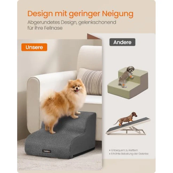 Feandrea Hundetreppe, 2 Stufen, Kurzplüsch, wasserdicht, rutschfest mit abnehmbarem Bezug, schiefergrau, PPS012GN01 – Bild 3