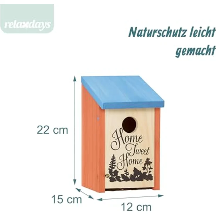 Relaxdays Nistkasten für Meisen & Spatzen, Vogelhaus mit Reinigungsklappe, Holz, 32 mm Einflugloch, orange/blau – Bild 4
