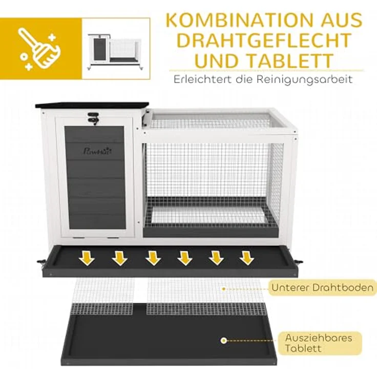 PawHut Kaninchenstall aus Holz, Hasenstall mit Freilaufgehege, klappbare Dächer, wetterfest, 92x52x67 cm, dunkelgrau – Bild 3