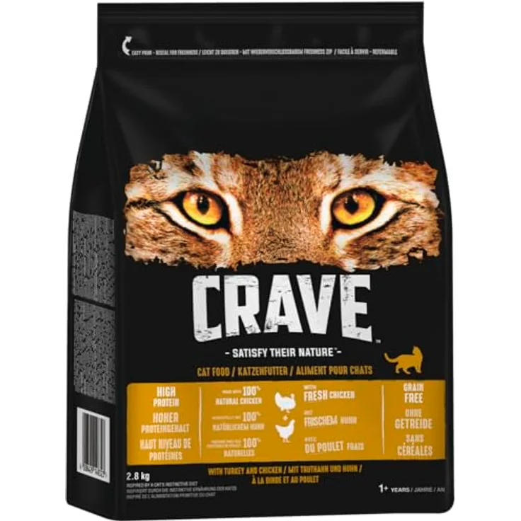 CRAVE Katze Beutel mit Truthahn und Huhn, 2.8kg, hochwertiges Trockenfutter ohne Getreide für gesunde Muskulatur
