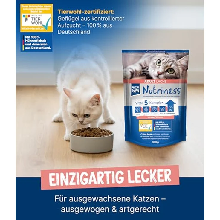NutriQM Nutriness Adult Trockenfutter Lachs, 5×800 g – ohne Gluten & Zucker, für glänzendes Fell & starke Abwehr – Initiative Tierwohl zertifiziert – Made in Germany – Bild 2