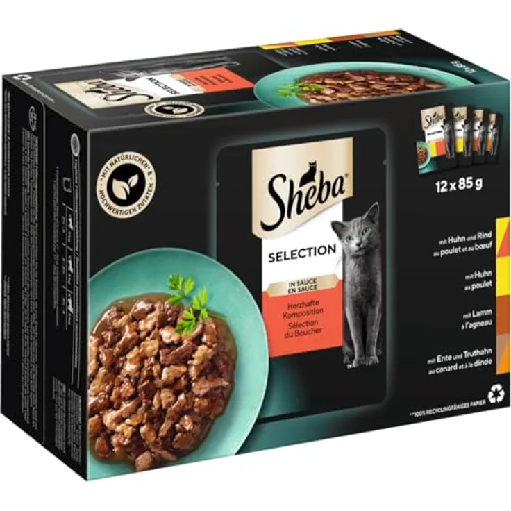 Sheba Katzenfutter Nassfutter Selection in Sauce, Herzhafte Komposition, 85 g Portionen für ausgewachsene Katzen, ohne künstliche Farb- und Konservierungsstoffe