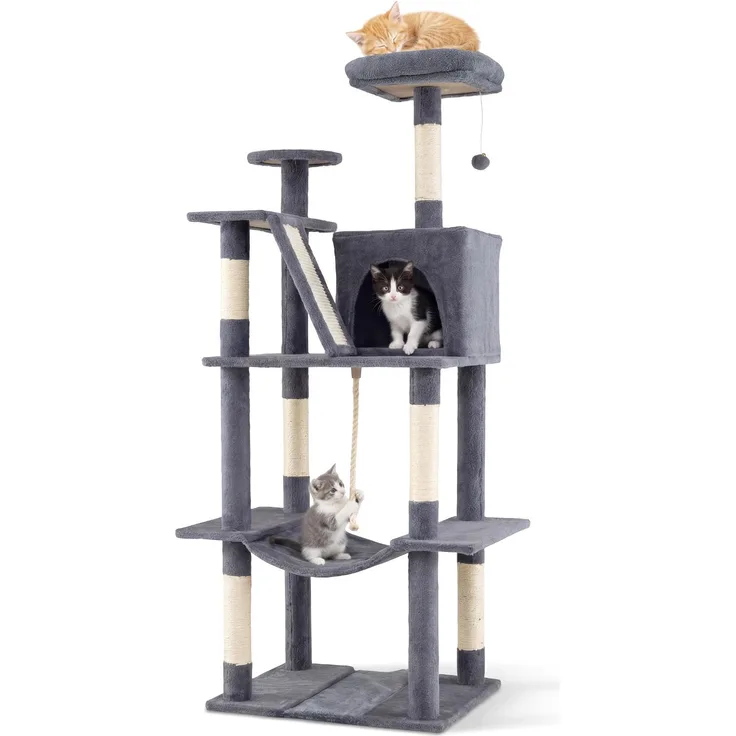 KOMFOTTEU Katzenkratzbaum mit 6 Ebenen, hellgrau/dunkelgrau, mit Sitzstange, Höhle, Hängematte, 5 Kratzpfosten und Spielball, Kletterbaum für aktive Katzen