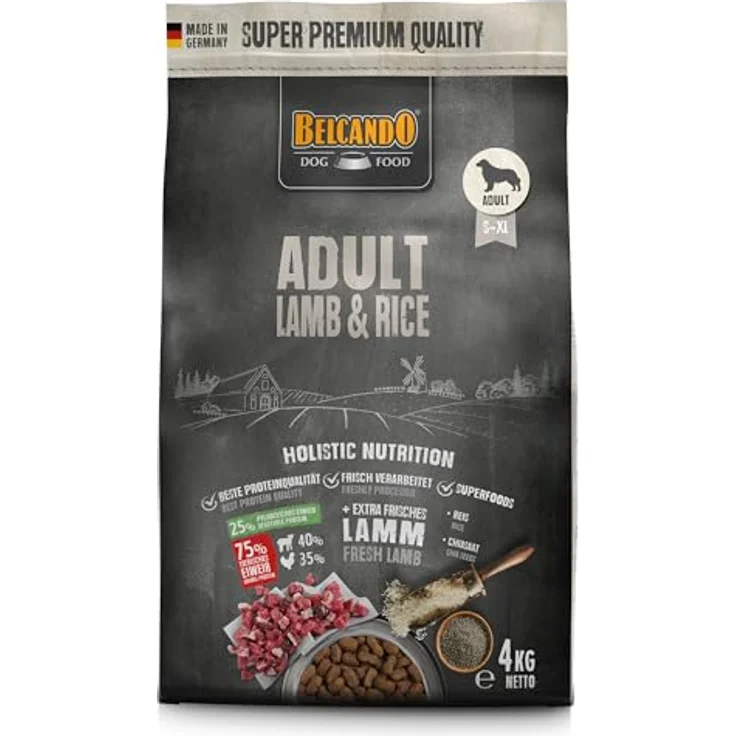 BELCANDO Adult Lamb & Rice, Trockenfutter mit 30% frischem Lamm für empfindliche Hunde, 4 kg, Alleinfuttermittel für ausgewachsene Hunde ab 1 Jahr – Bild 1