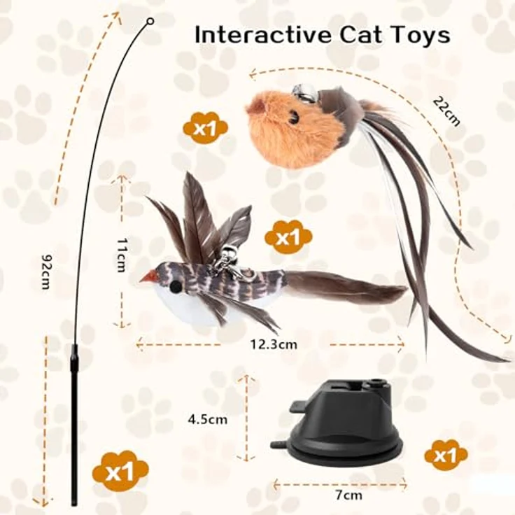 AiQInu Katzenspielzeug-Set, 4-teilig mit interaktiver Katzenangel (92cm), 2 Vögeln mit Glöckchen, verbesserter Saugnapf (7cm), hochwertiges Material für agiles Spielen – Bild 3