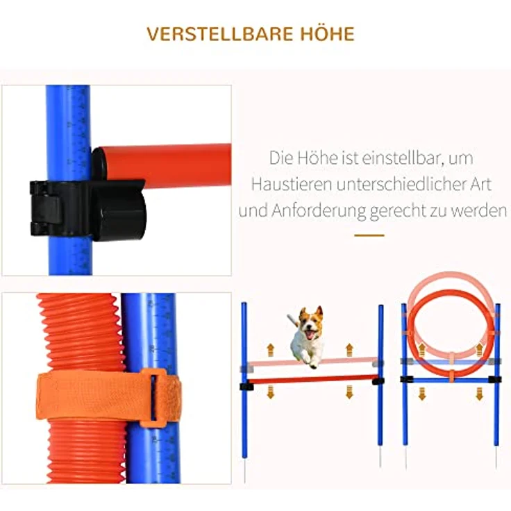PawHut Agility-Übungs-Set, Slalom-Hürden-Sprungring 3 in 1 für Hundesport, flexibel höhenverstellbar, PE Blau-Rot, inkl. Tragetasche – Bild 4