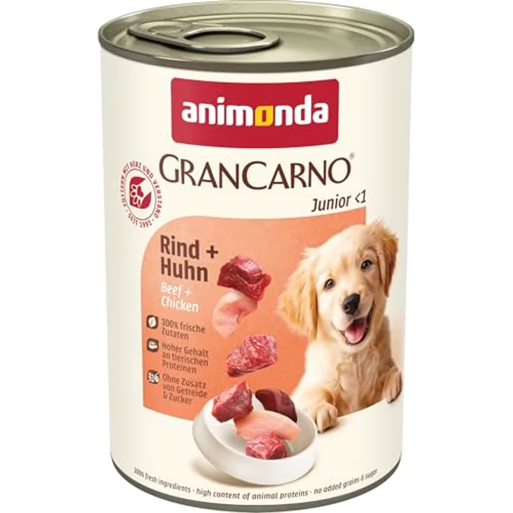 animonda GranCarno Nassfutter mit Rind + Huhn, 6 x 400g, getreidefreies Welpenfutter für junge Hunde, reich an frischem Fleisch und Omega-3 