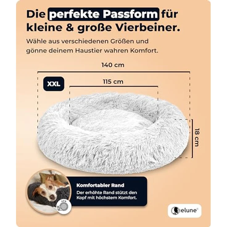 Belune® Hundebett XXL, 140cm, Weiß - Waschbarer Bezug, 100% veganes Kunstfell, rutschfest, mit komfortablem Polsterrand, für große, mittelgroße & kleine Hunde – Bild 5