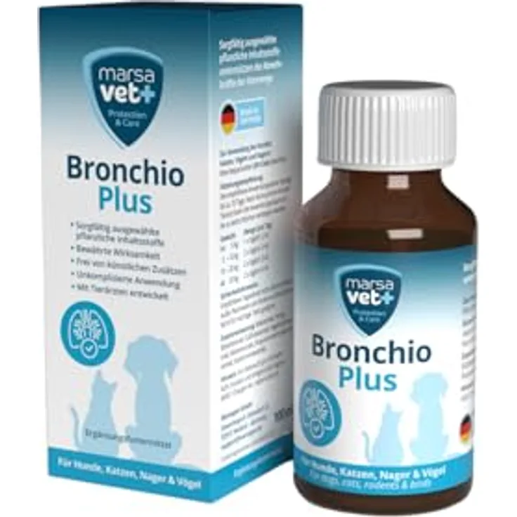 marsavet+ Marsavet Bronchio Plus – Flüssiges Ergänzungsfuttermittel mit pflanzlichen Inhaltsstoffen zur Unterstützung der Atemwegsfunktion für Hunde, Katzen, Nager und Vögel | 100 ml