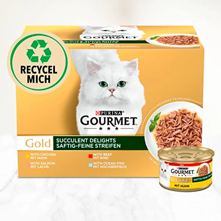 Gourmet Gold Saftig feine Streifen Katzenfutter nass, Sorten Mix mit Lachs, Rind, Huhn & Hochseefisch, 4er Pack (4 x 24 Dosen à 85g) – Bild 3