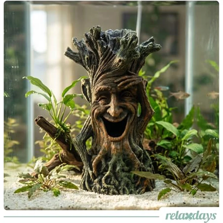relaxdays Aquariendeko Baum mit Gesicht, detailreiche Dekoration aus Polyresin für Süß- und Salzwasser, braun-grün, ca. 23 x 12 x 11 cm – Bild 2