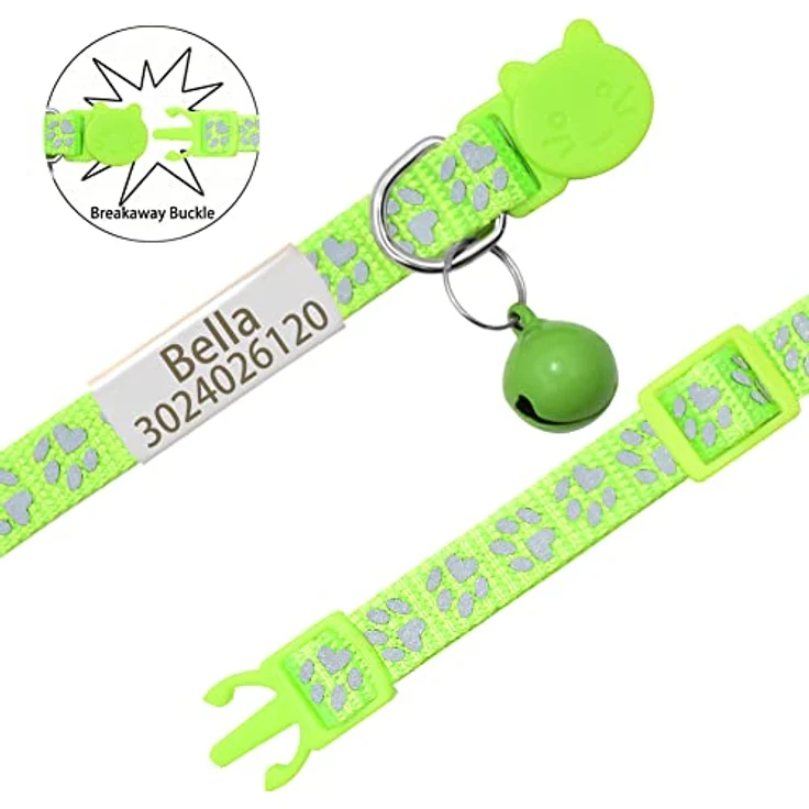 Senristar Personalisierte 2 Pack Reflektierende Katzenhalsbänder mit Breakaway Schnalle, Edelstahl Namensschild und Glocke, Verstellbar in Schwarz und Silber – Bild 3