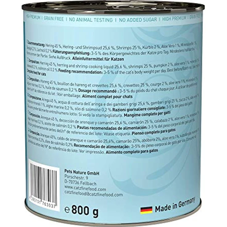catz finefood N° 13 Hering & Shrimps, 6 x 800g Dosen, feine Feinkost mit Kürbis & Aloe Vera, ohne Konservierungsstoffe – Bild 2