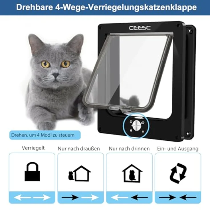 CEESC Große Katzenklappe mit wetterfestem Bürstenstreifen, 4-Wege-Verriegelung, für Haustiere bis 60 cm, verbesserte Version (L, schwarz) – Bild 5