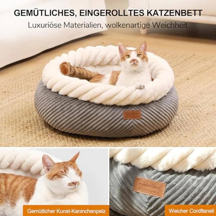 FUKUMARU Katzenbett, waschbar, 55x55x21cm, runder Katzenkorb mit erhöhtem Rand, weiches Cord, rutschfeste Unterseite, grau – Bild 3