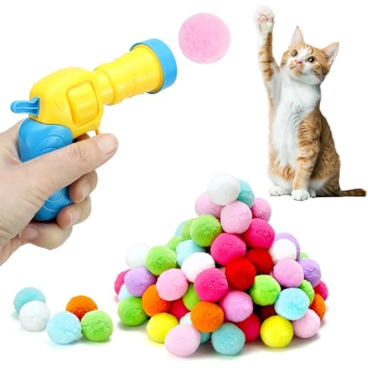 QWORK® Interaktives Katzenspielset, Katzenspielballwerfer mit 100 bunten Pompons, für Indoor-Training und natürliche Jagdinstinkte