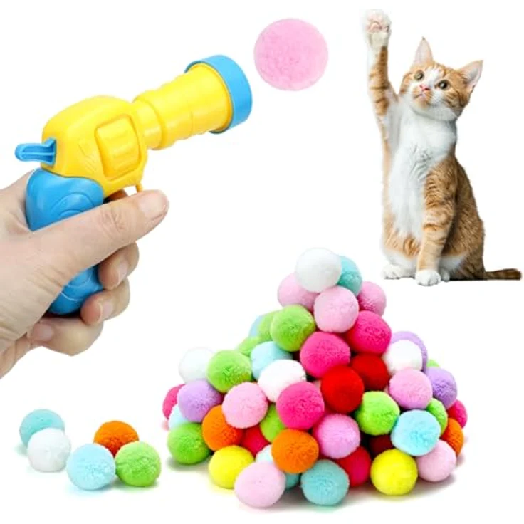 QWORK® Interaktives Katzenspielset, Katzenspielballwerfer mit 100 bunten Pompons, für Indoor-Training und natürliche Jagdinstinkte – Bild 1