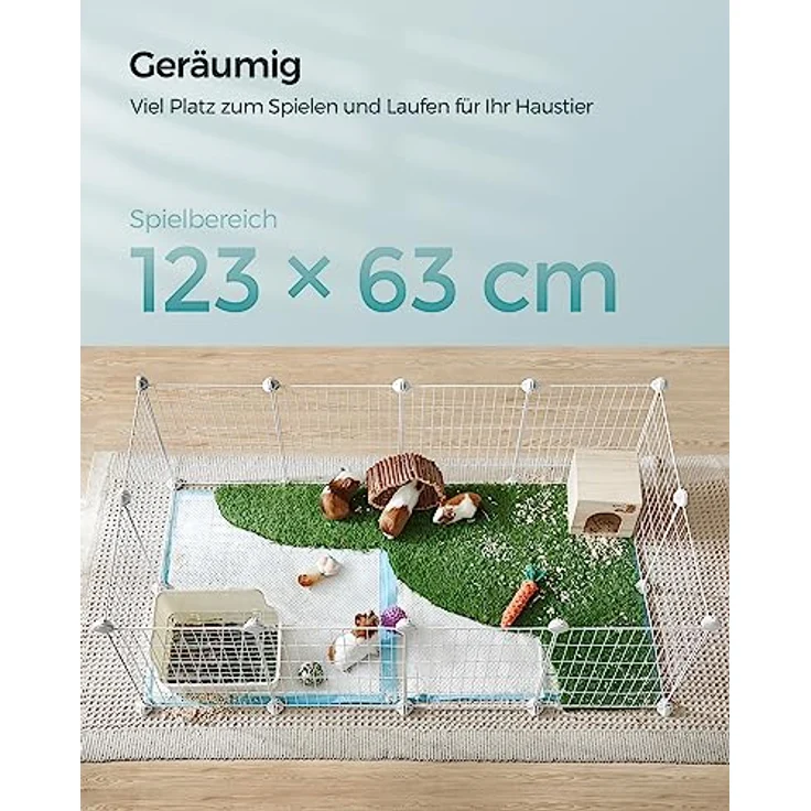 SONGMICS Freilauf, DIY-Kleintiergehege mit Metallgitter, für Kaninchen und Meerschweinchen, 123 x 63 x 41 cm, weiß LPI001W01 – Bild 5