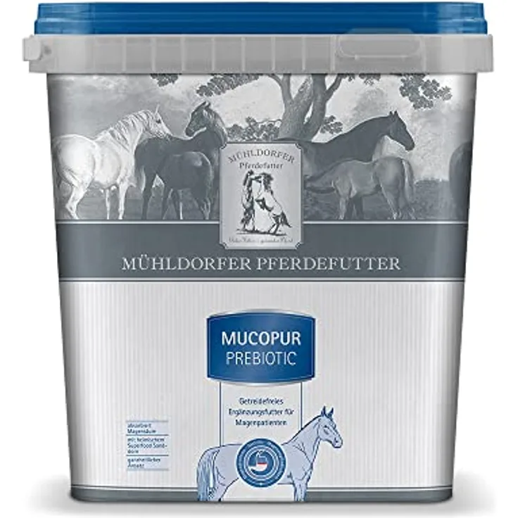 Mühldorfer Mucopur Prebiotic, 2 kg Pferdefutter für Magenprobleme, getreidefrei mit Superfood Sanddorn, reich an L-Tryptophan und Inulin