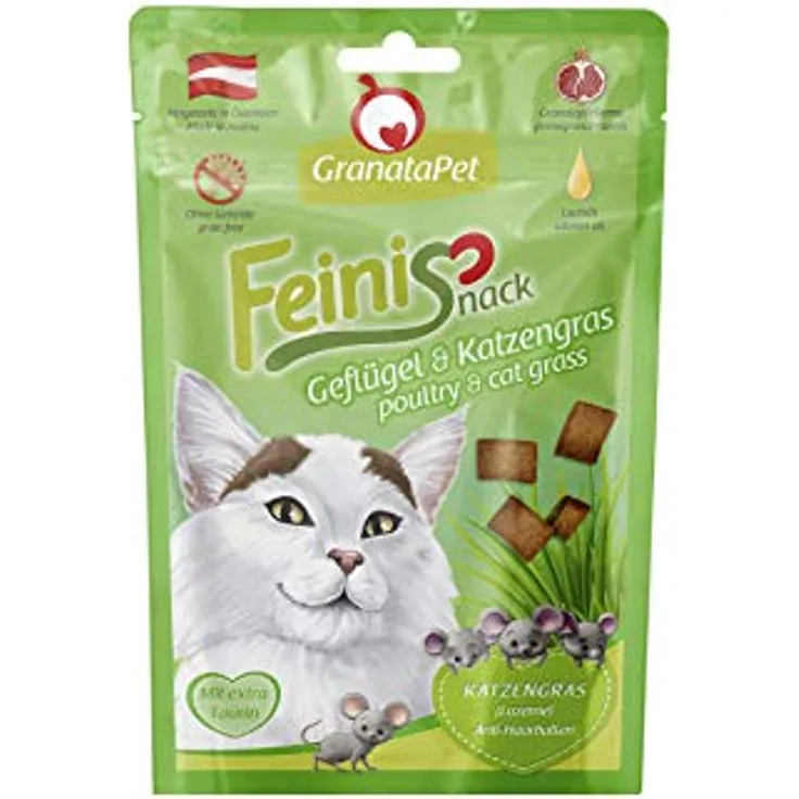 GranataPet Katzensnack Feinis Geflügel und Katzengras, getreidefrei, 50g gegen Haarballenbildung