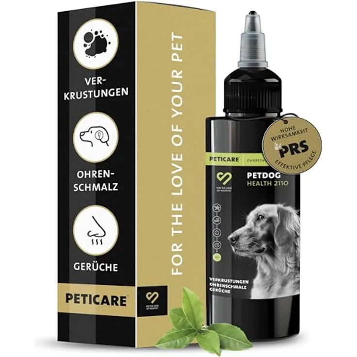 Peticare Ohrenreiniger für Hunde, PRS® System für lange Wirkung, pflanzliche Inhaltsstoffe, sanfte Ohrenschmalz- und Verkrustungsbeseitigung