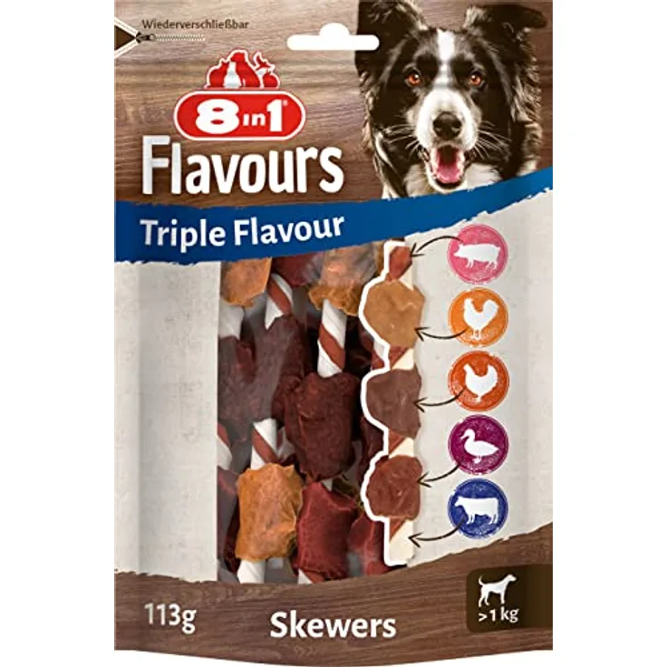 8in1 Triple Flavour Skewers, Hundesnacks im Sparpaket mit 3 x 113 g (18 Stück), mit Hähnchen, Ente und Leber, ideal zur Zahnsteinprophylaxe