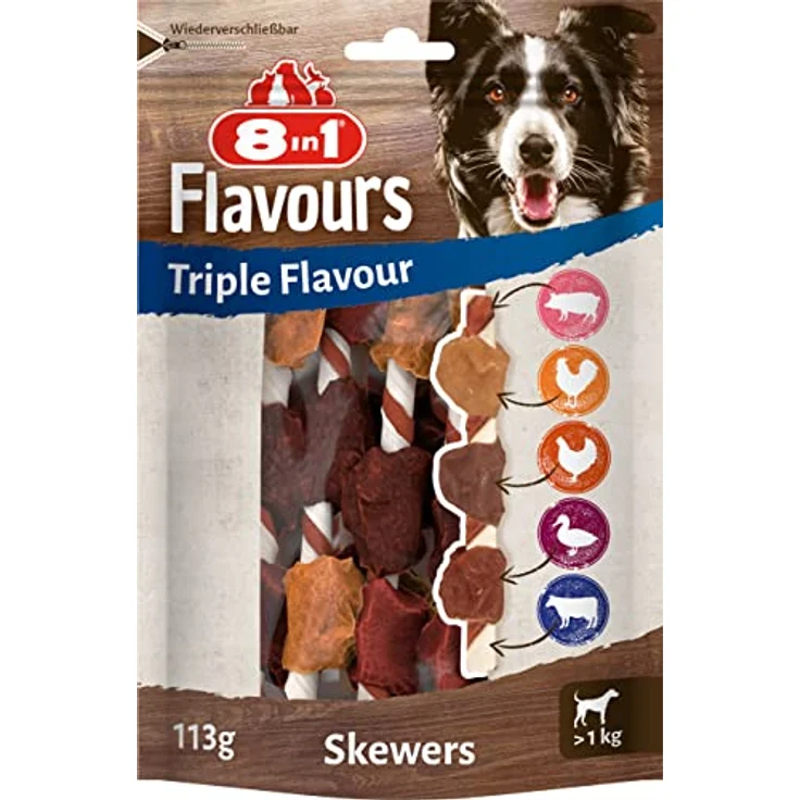 8in1 Triple Flavour Skewers, Hundesnacks im Sparpaket mit 3 x 113 g (18 Stück), mit Hähnchen, Ente und Leber, ideal zur Zahnsteinprophylaxe – Bild 1