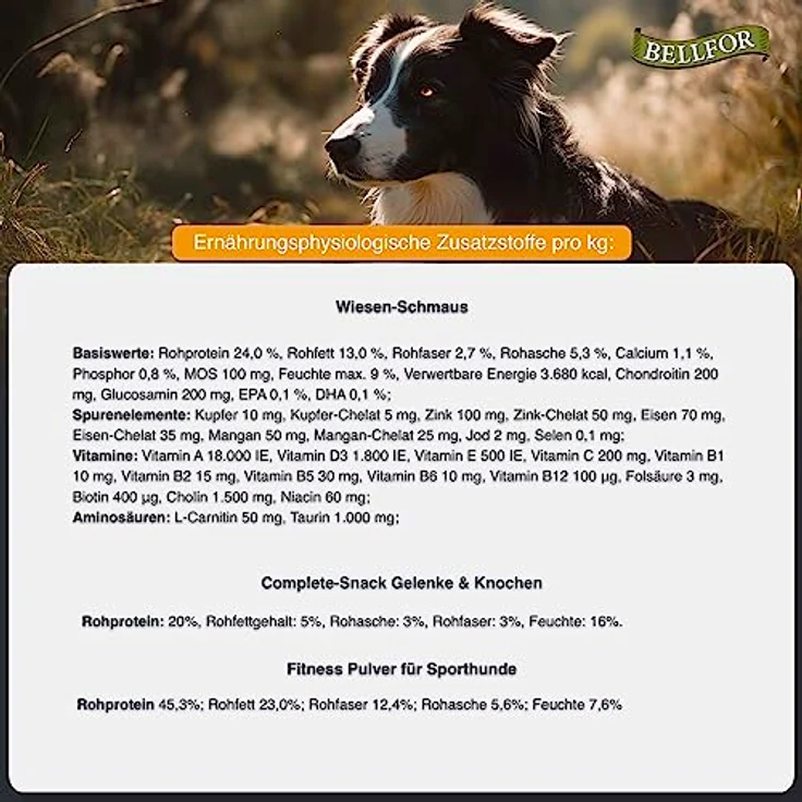 Bellfor Futterset für Windhunde, Getreidefreies Trockenfutter mit Huhn 4 kg, Gelenke & Knochen Complete-Snack 150 g und Muskelaufbaupräparat 80 g – Bild 5