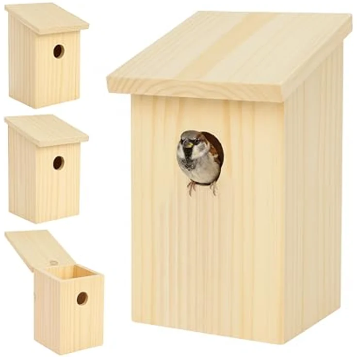 Relaxdays Nistkasten 4er Set, Vogelhaus aus Holz mit 32 mm Einflugloch, klappbare Dachklappe, für Spatzen & Meisen, naturfarben – Bild 1