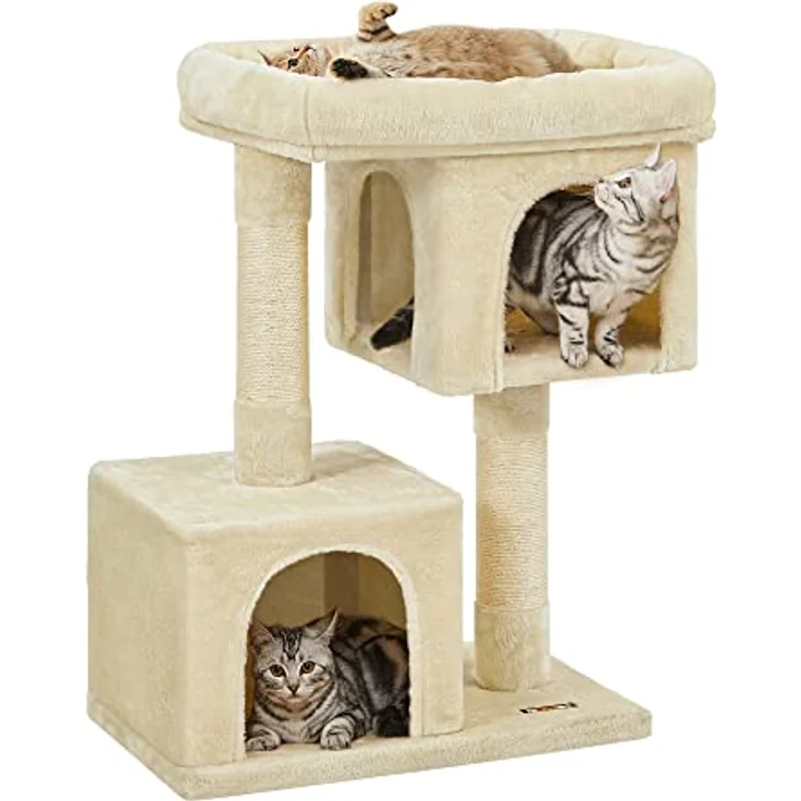 Feandrea Kratzbaum PCT61M, 84 cm Katzenbaum für große Katzen bis 7 kg, große Plattform, 2 Katzenhöhlen, Sisalstämme, beige – Bild 1