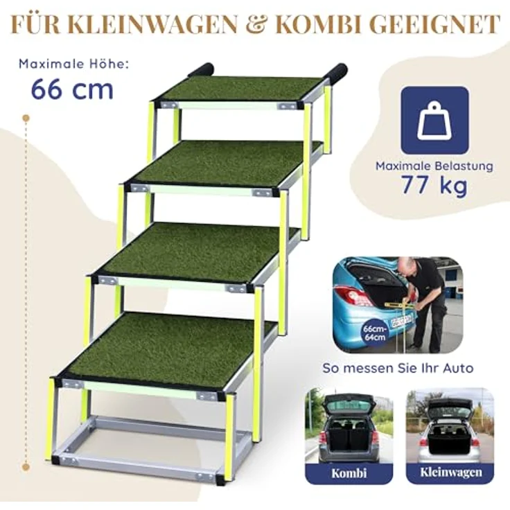 PRIORPET Hundetreppe Auto Klappbar, 4 Stufen, bis 77kg, Anti-Rutsch Kunstrasen mit leuchtender Leitmarkierung, gelenkschonend, faltbar für kleine Wagen und Kombis – Bild 4