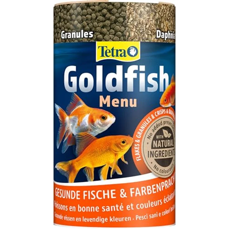 Tetra Goldfish Menu 4in1 Fischfutter-Mix, 250 ml Dose mit Crisps, Flocken, Granulat und Daphnien für Goldfische und Kaltwasserfische – Bild 1