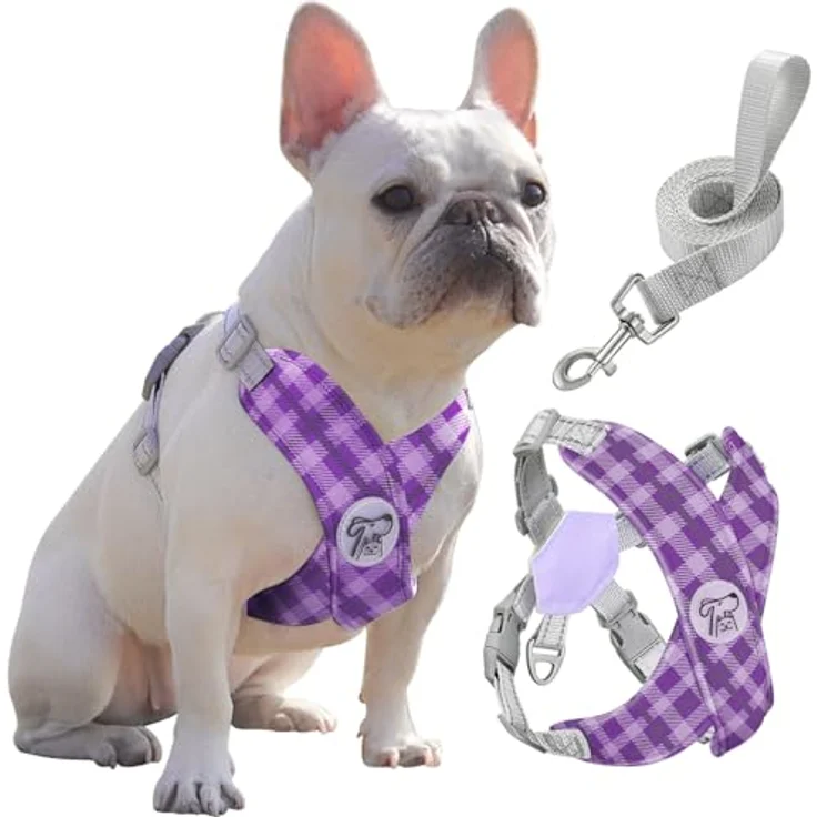 Pawaboo Hundegeschirr mit Leine Set, X-Rahmen verstellbares Anti-Zug Brustgeschirr für kleine und mittelgroße Hunde, L, violett kariert – Bild 1