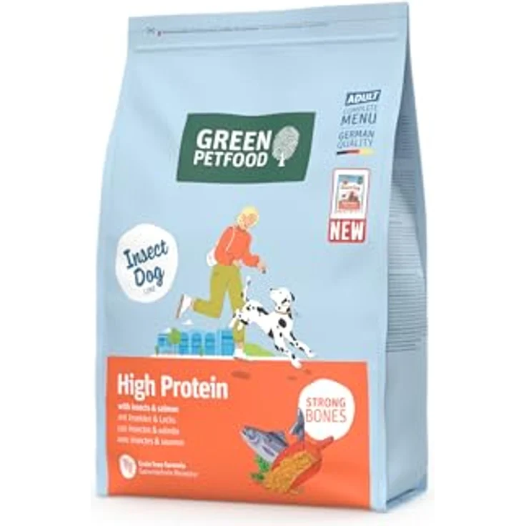 Green Petfood InsectDog High Protein, Trockenfutter mit Insekten & Lachs, getreidefrei, für aktive Hunde, kleine Krokette, 5 x 900 g – Bild 1