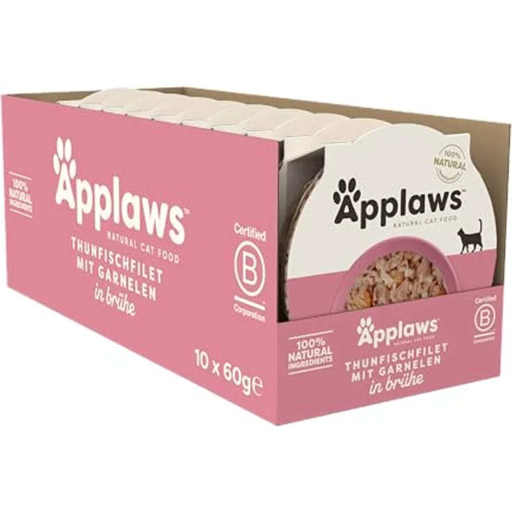 Applaws Katzennassfutter, Thunfischfilet mit Garnelen in Brühe, 100% natürlich, 60g (10 x 60g) – Bild 1