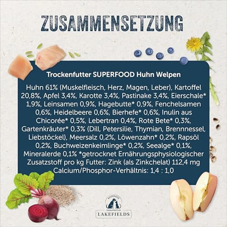 Lakefields SUPERFOOD Sticks, Premium Hundeleckerli für Welpen mit Huhn 61%, 130g, getreidefrei, mit Fenchelsamen & Heidelbeeren, entwickelt mit Tierärzten – Bild 4