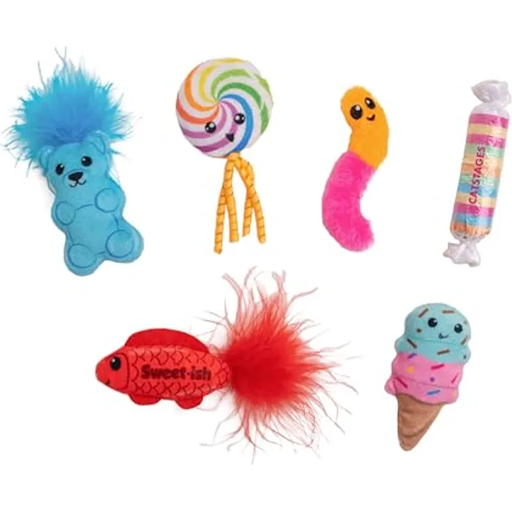 Outward Hound Kitty Sweet Treat 6er Pack, Katzenspielzeug mit Katzenminze und Knistergeräuschen, plüschige Bonbon-Designs