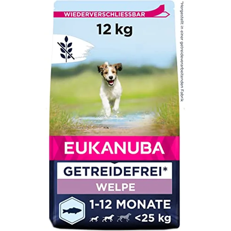 Eukanuba Welpenfutter getreidefrei mit Fisch für kleine und mittelgroße Rassen, 12 kg - Trockenfutter ohne Getreide für Junior Hunde, reich an Seefisch und Lachs, unterstützt gesundes Wachstum und Lernfähigkeit