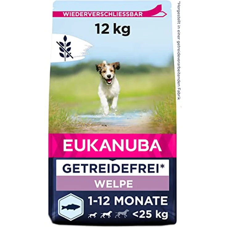 Eukanuba Welpenfutter getreidefrei mit Fisch für kleine und mittelgroße Rassen, 12 kg - Trockenfutter ohne Getreide für Junior Hunde, reich an Seefisch und Lachs, unterstützt gesundes Wachstum und Lernfähigkeit – Bild 1